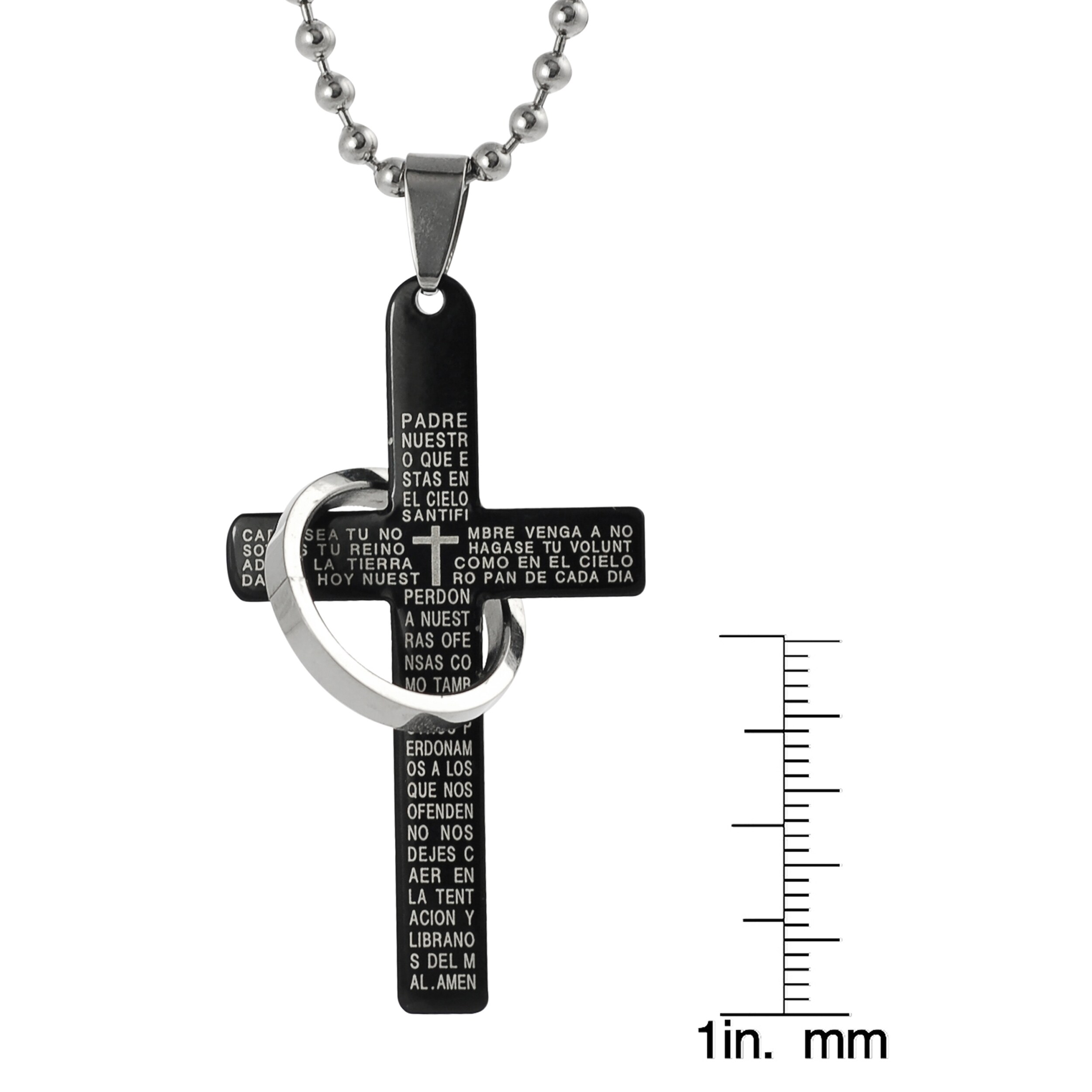 Mens Black Silver Stainless Steel Lord's Prayer Cross Pendant Necklace