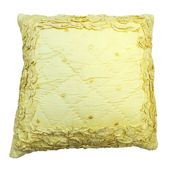 Pretty Yellow Ruffled Pillow (YellowCover closure TiesEdging Knife edgePillow shape Square Dimensions 16 inches wide x 16 inches longCover CottonFill PolyesterCare instructions Machine wash separately The digital images we display have the most acc