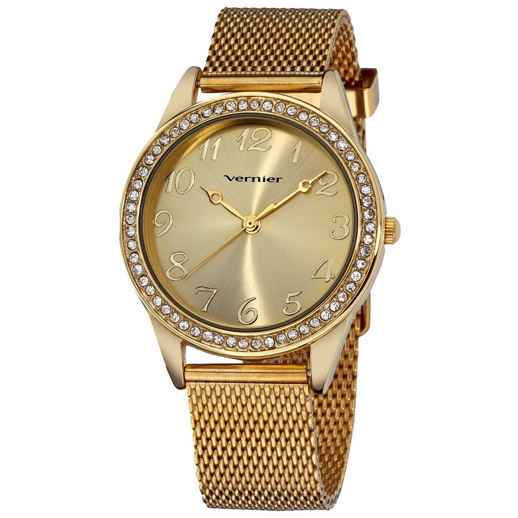 Vernier Women's Gold Tone Crystal Stone Bezel Mesh Strap Watch