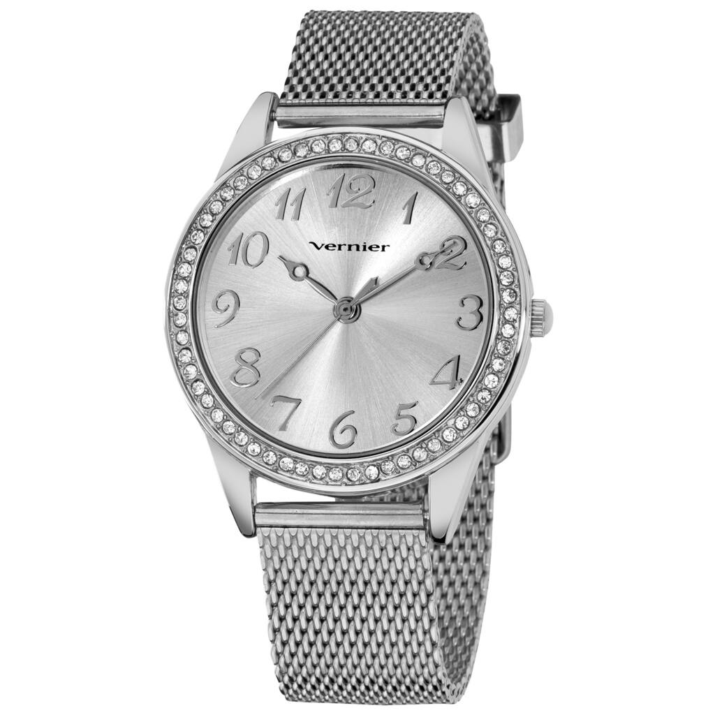 Vernier Women's Silver Tone Crystal Stone Bezel Mesh Strap Watch