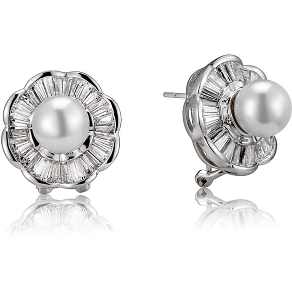 Collette Z Sterling Silver White Faux Pearl and Cubic Zirconia Flower Earrings