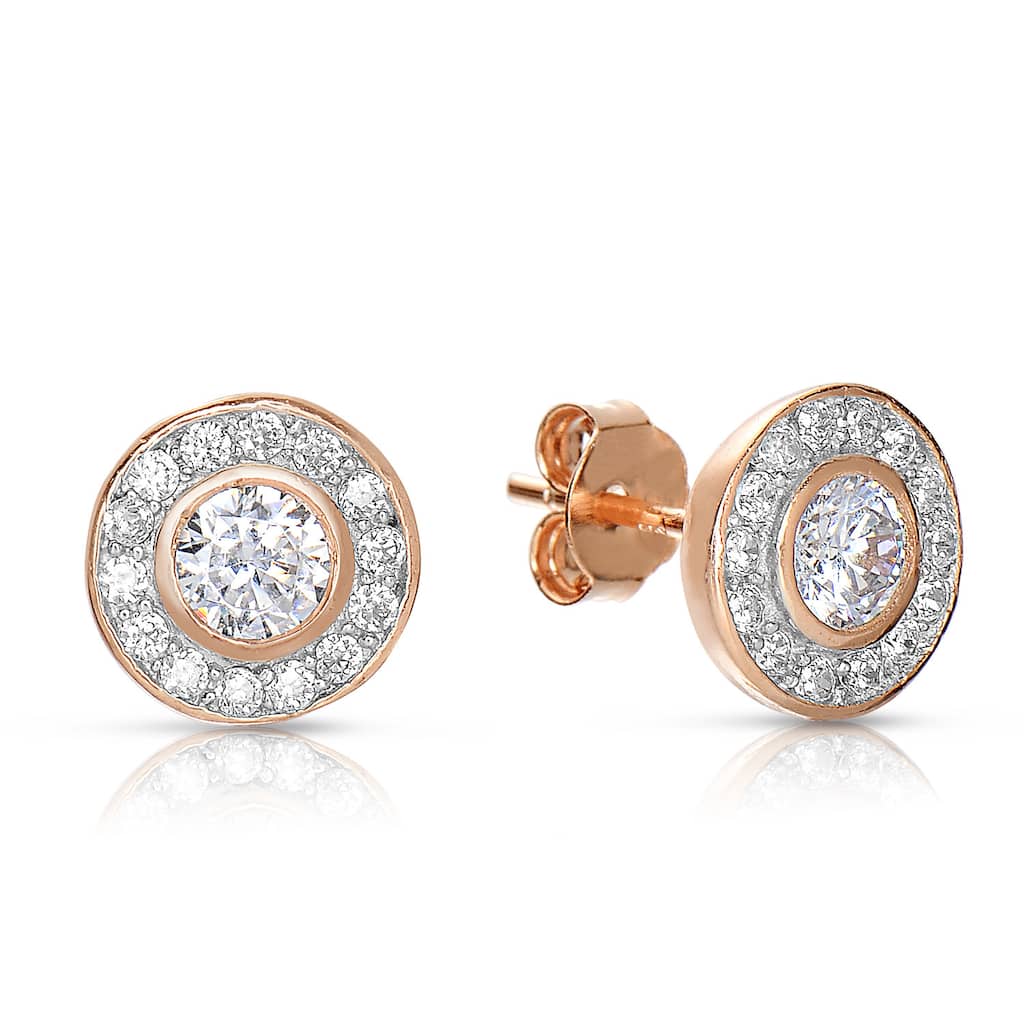 Collette Z Sterling Silver Round Cubic Zirconia Halo Stud Earrings