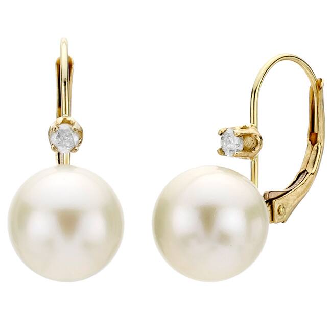 DaVonna 14k Yellow Gold 9-10mm White Freshwater High Luster Pearl and Diamond Earrings with Gift Box