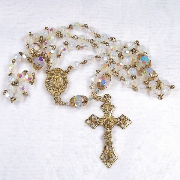 Silverplated Opal Crystal Rosary Necklaces