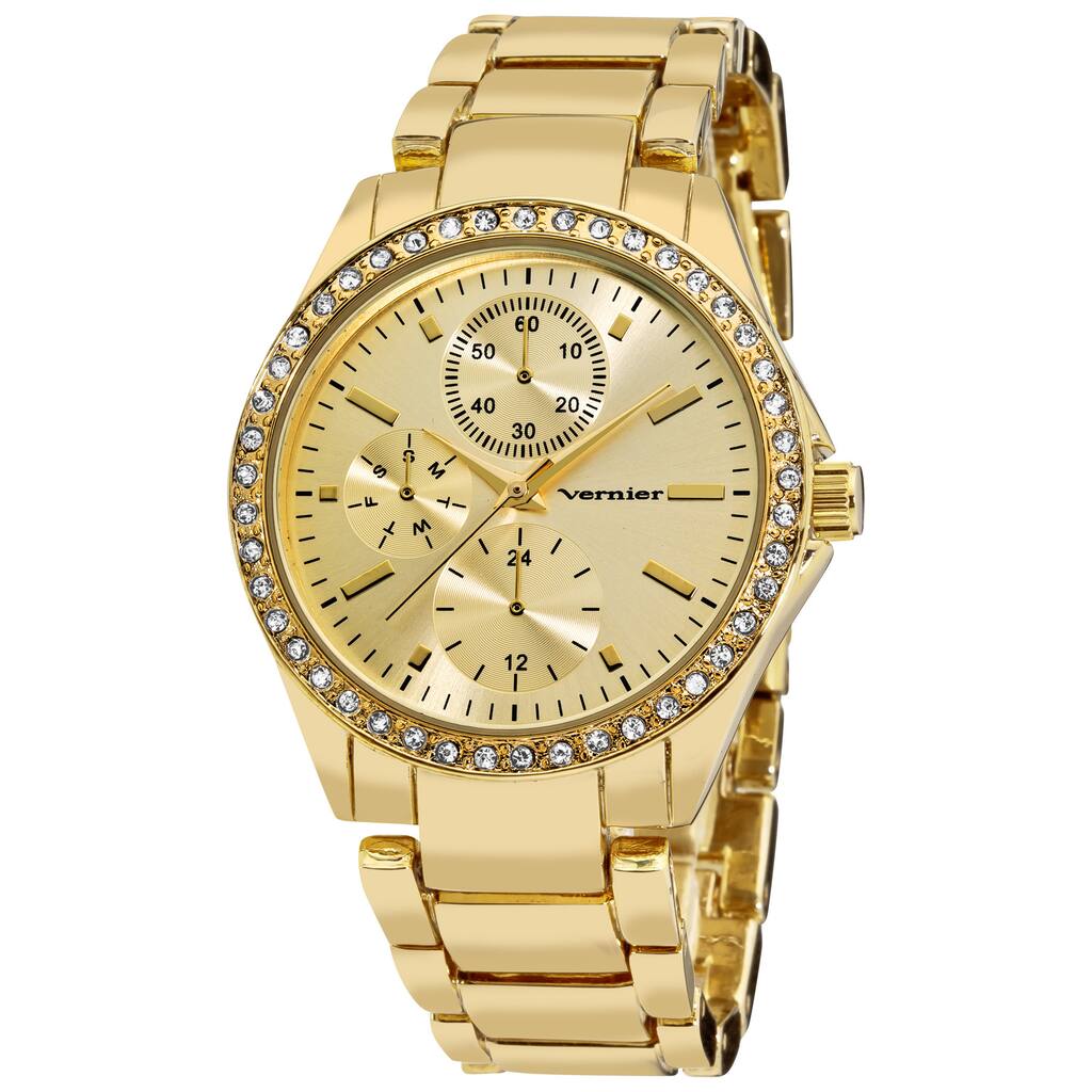 Vernier Women's Gold Tone Side Chrono Look Crystal Bezel Bracelet Watch