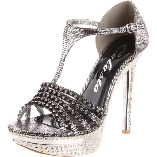 Celeste Women's 'Natalie-01' Silver T-strap Heels - Free Shipping On ...