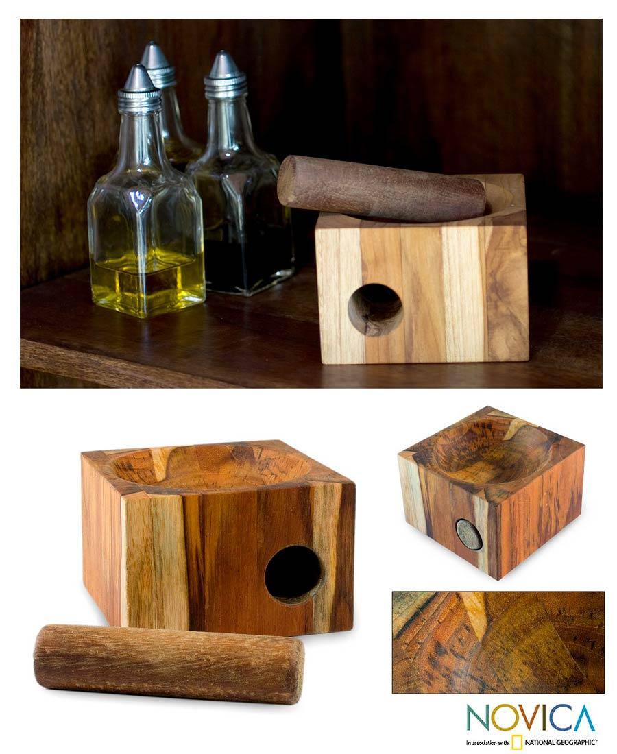 Handmade Teakwood 'Cubic Nature' Mortar and Pestle (Guatemala)
