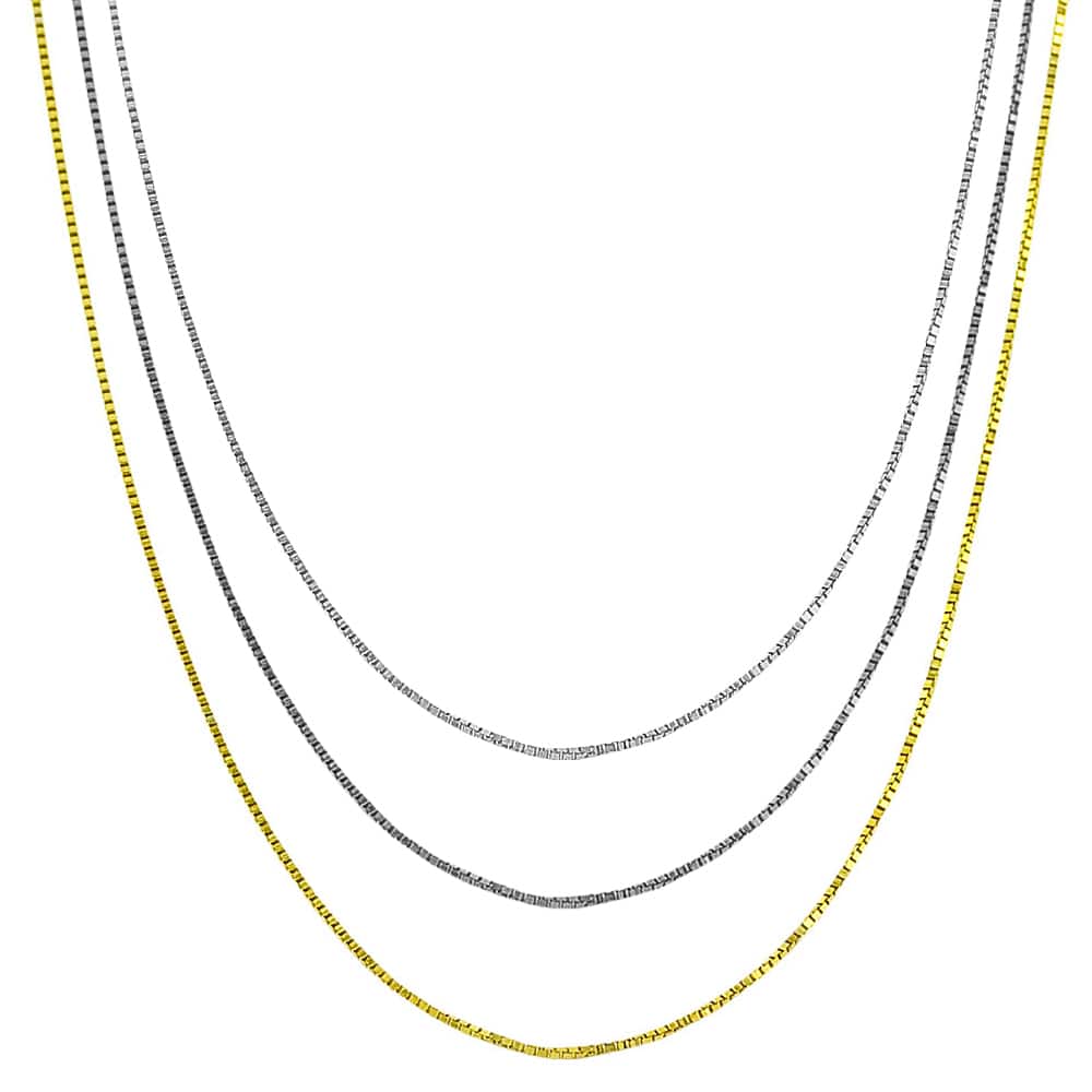 High-polish Sterling Silver, Rhodium, or Yellow Gold Plated 0.8 mm Venetian Box Chain (16"-24")
