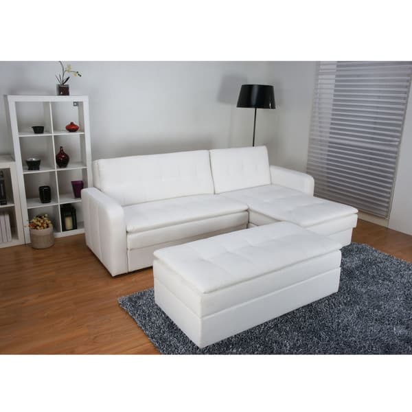 Denver White Double Cushion Storage Sectional Sofa Bed And Ottoman Set Overstock 6739414