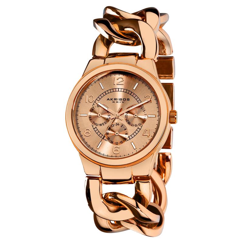 Akribos XXIV Women's Water-Resistant Twist-Chain Quartz Multifunction Rose-Tone Watch