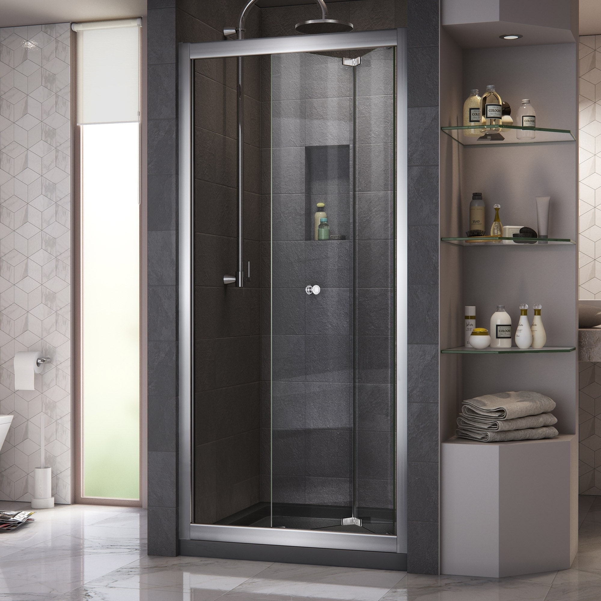 Dreamline Butterfly 34 35.5x72 inch Frameless Bi fold Shower Door (Tempered Glass, AluminumOptional SlimLine shower base and backwalls availableIntended use IndoorTempered glass ANSI certifiedAssembly requiredProduct WarrantyLimited 5 (five) year manufa
