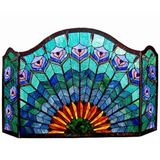 Tiffany-Style Peacock Design 3-panel Fireplace Screen