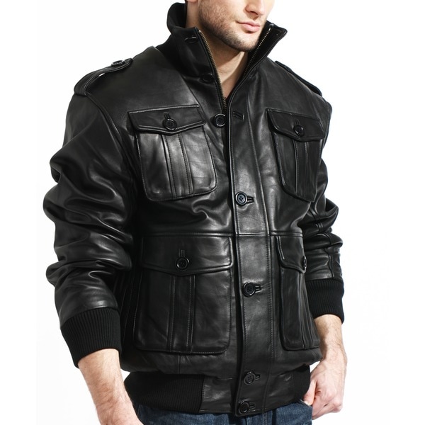 Shop Men's Black Lambskin Leather Bomber Jacket - On Sale - Free ...