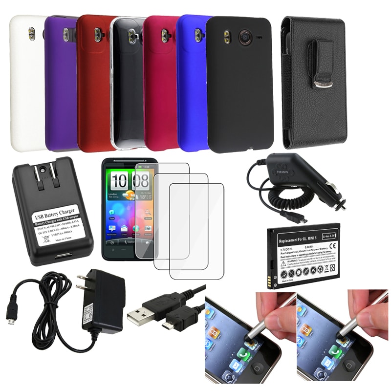 BasAcc Rubberized Cases/ Leather Pouch/ Car Travel Charger/ Battery/ Cable/ Mega Accessory Set HTC Desire HD Inspire 4G