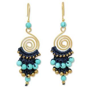 Handmade Gold Overlay and Brass 'Blue Spiral' Calcite Earrings (Thailand)