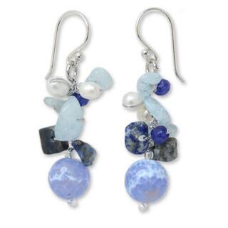 NOVICA Handmade Sterling Silver Blue Multi-gemstone and 4mm Pearl Earrings (Thailand) - 1.8" L x 0.5" W