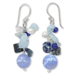 NOVICA Handmade Sterling Silver Blue Multi-gemstone and 4mm Pearl Earrings (Thailand) - 1.8" L x 0.5" W