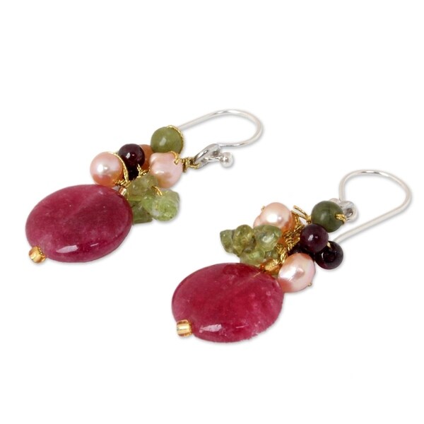 Handmade Sterling Silver Multi-gemstone Freshwater Pearl Dangling Style Earrings (4 mm) (Thailand) - Pink