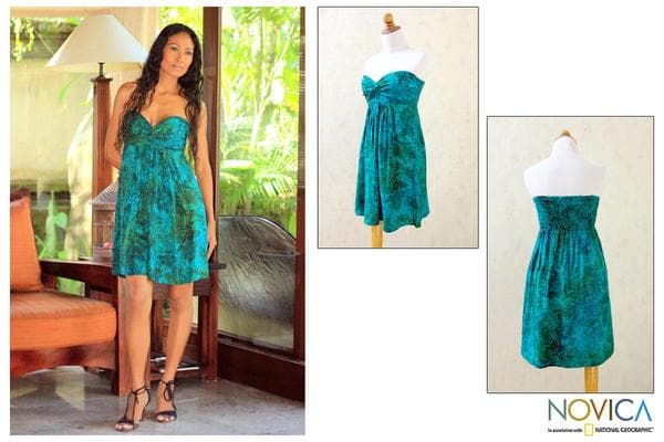 Rayon 'Java Emerald' Batik Dress (Indonesia) Novica Women's Clothing