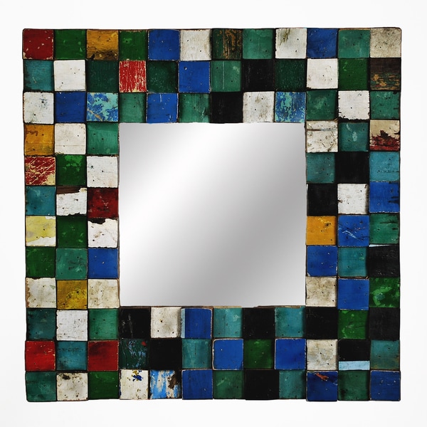 Ecologica Square Wood-framed Mirror with Multicolored Mosaic Design