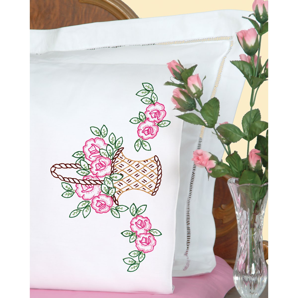 Stamped Pillowcases With White Perle Edge 2/pkg basket Of Flowers