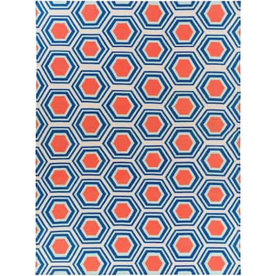 Hand-Woven Blue and Red Faller Wool Area Rug - 8' x 11' - 8' x 11'