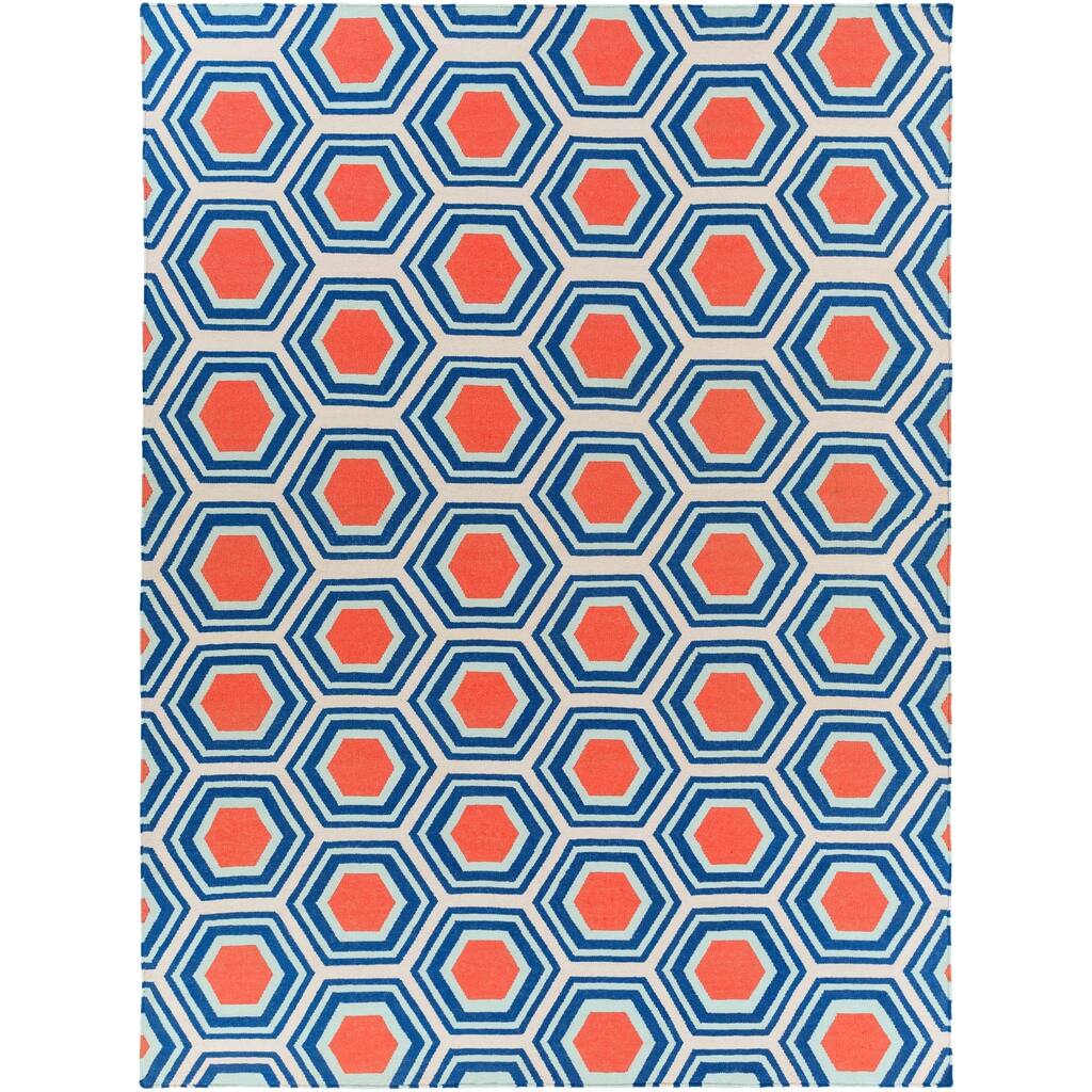 Hand-Woven Blue and Red Faller Wool Area Rug - 8' x 11' - 8' x 11'