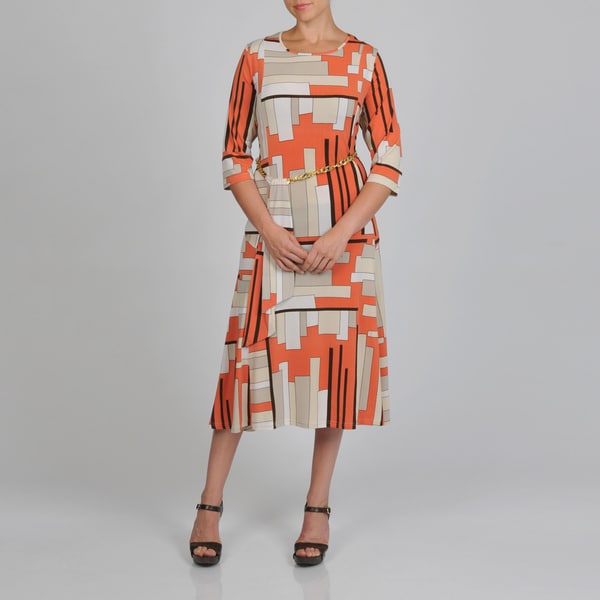 Lennie for Nina Leonard Womens Plus Size Geometric Print 3/4 Sleeve Gold Link Belt Dress Dresses