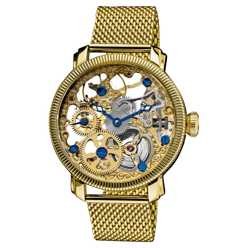 Akribos XXIV Men's Stainless Mechanical Skeleton Gold-Tone Mesh Bracelet Watch