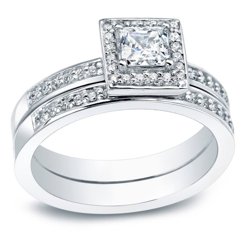 Auriya 14k Gold 1 1/2ctw Princess-cut Halo Diamond Engagement Ring Set - 4 - White