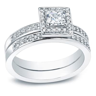 Auriya 14k Gold 1 1/2ctw Princess-cut Halo Diamond Engagement Ring Set