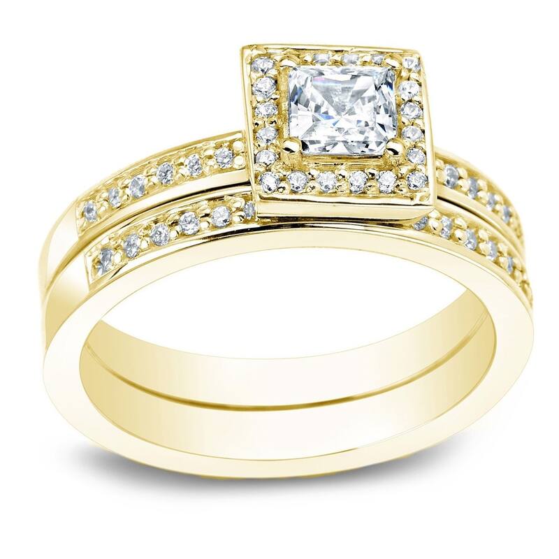 Auriya 14k Gold 1 1/2ctw Princess-cut Halo Diamond Engagement Ring Set