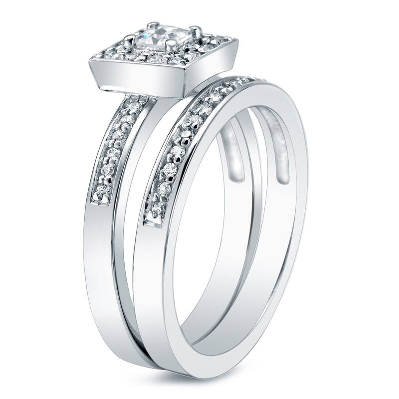 Auriya 14k Gold 1 1/2ctw Princess-cut Halo Diamond Engagement Ring Set