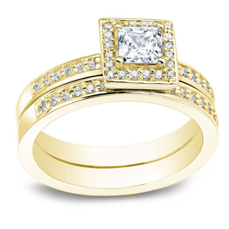 Auriya 14k Gold 1 1/2ctw Princess-cut Halo Diamond Engagement Ring Set - 4 - Yellow