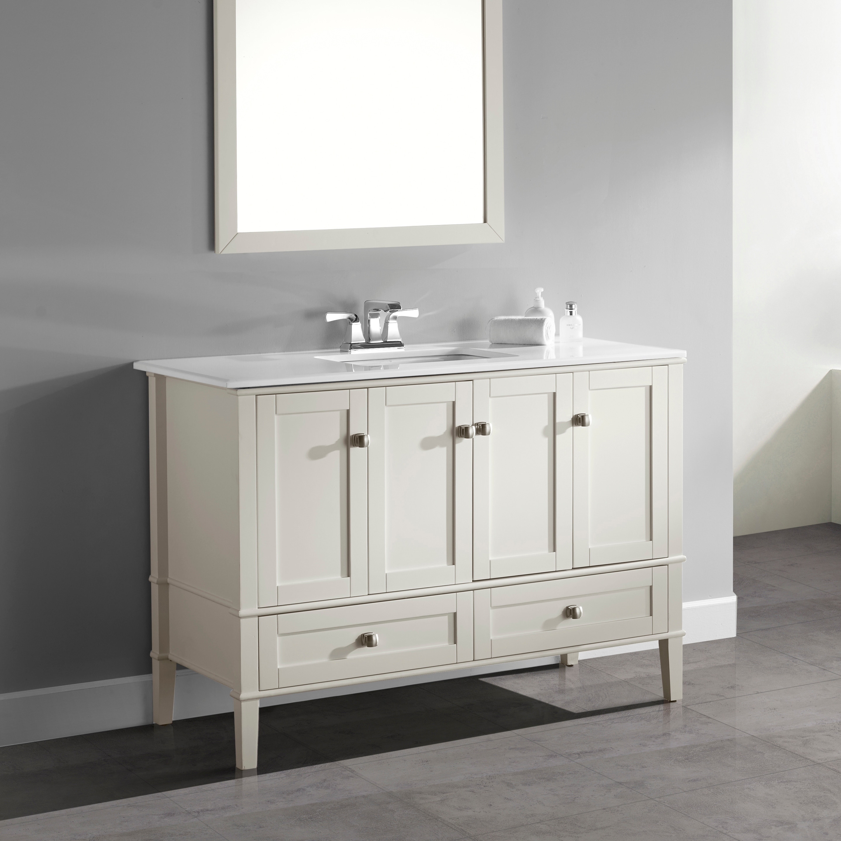 Wyndenhall Windham Soft White 48 inch Bath Vanity With 2 Doors, Bottom Drawer And White Quartz Marble Top White Size Single Vanities