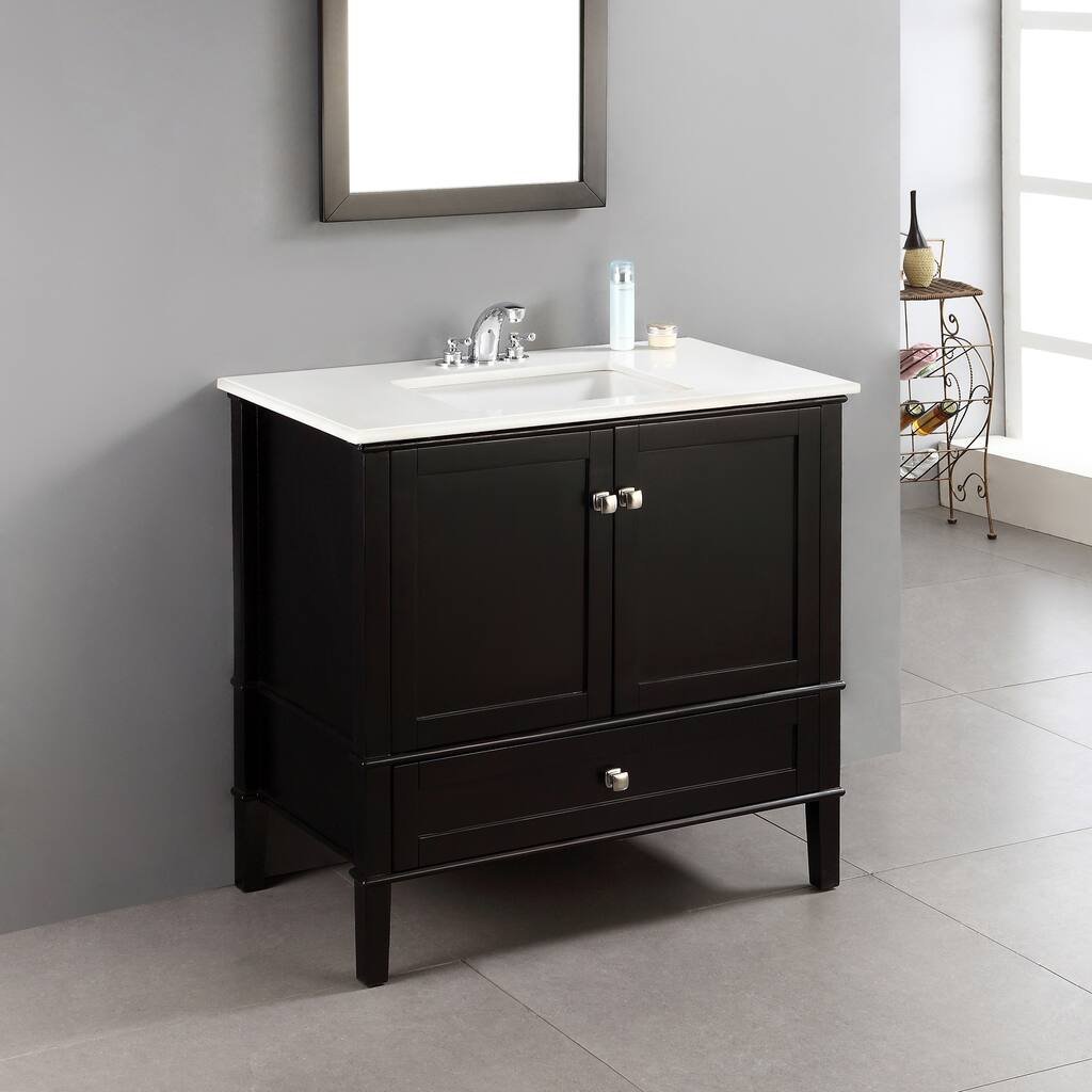 WYNDENHALL Windham 36 inch Contemporary Bath Vanity in Black with White Engineered Quartz Marble Top