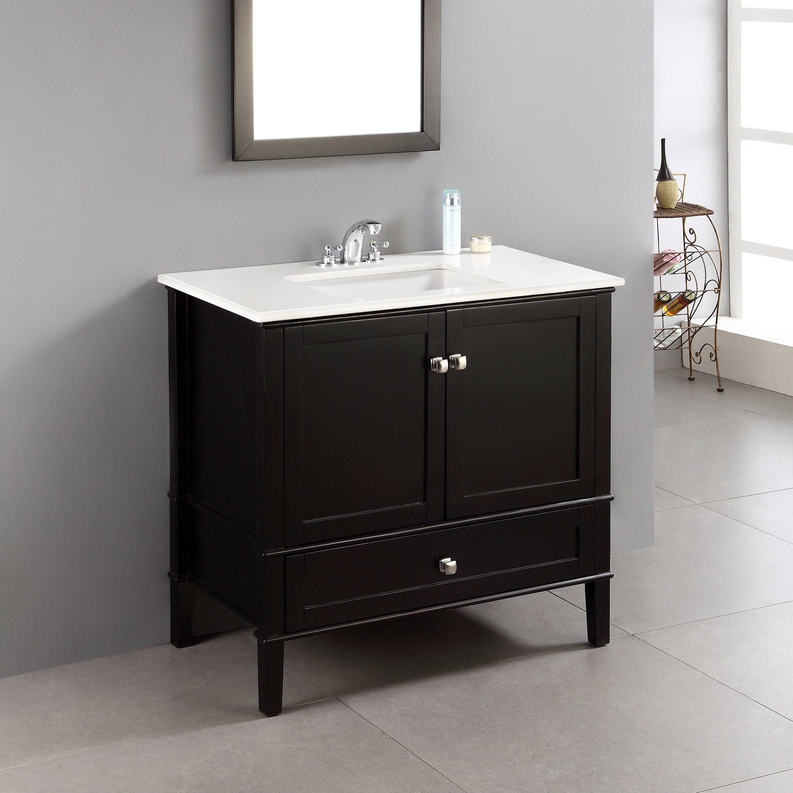 Wyndenhall Windham Black 36 inch Bath Vanity With 2 Doors, Bottom Drawer And White Quartz Marble Top Black Size Single Vanities