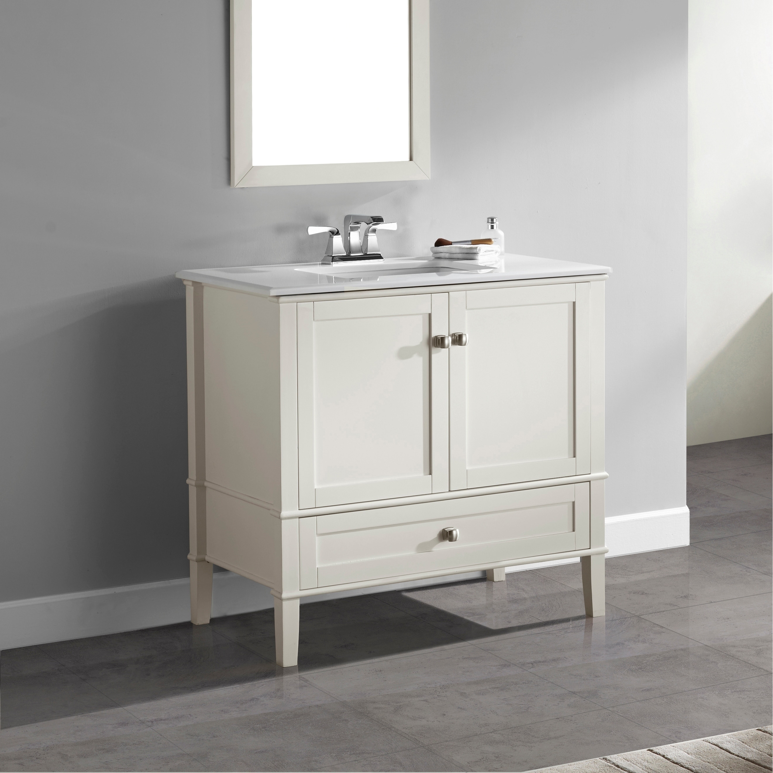 Wyndenhall Windham Soft White 36 inch Bath Vanity With 2 Doors, Bottom Drawer And White Quartz Marble Top White Size Single Vanities