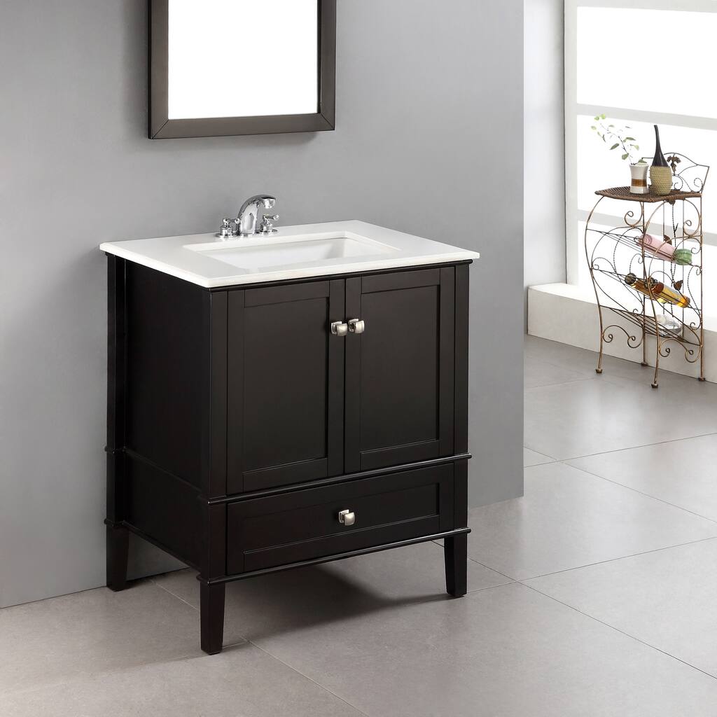 WYNDENHALL Windham 30 inch Contemporary Bath Vanity in Black with White Engineered Quartz Marble Top