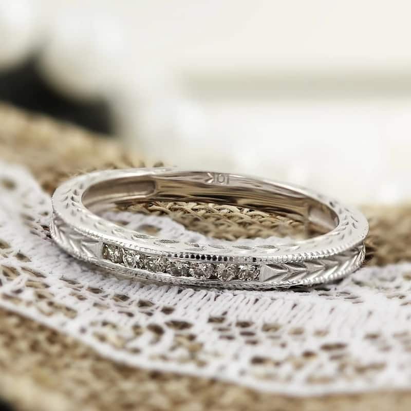Auriya 10k Gold 1/8ctw Vintage Carved Diamond Wedding Band