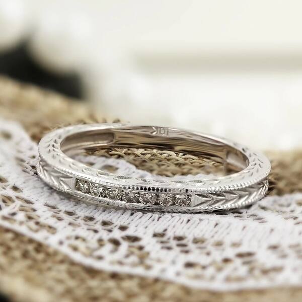 slide 1 of 9, Auriya 10k Gold 1/8ctw Vintage Carved Diamond Wedding Band