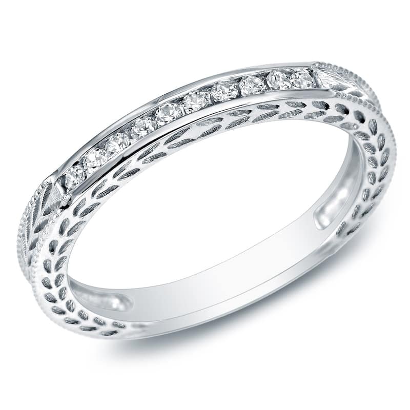 Auriya 10k Gold 1/8ctw Vintage Carved Diamond Wedding Band - White - 4