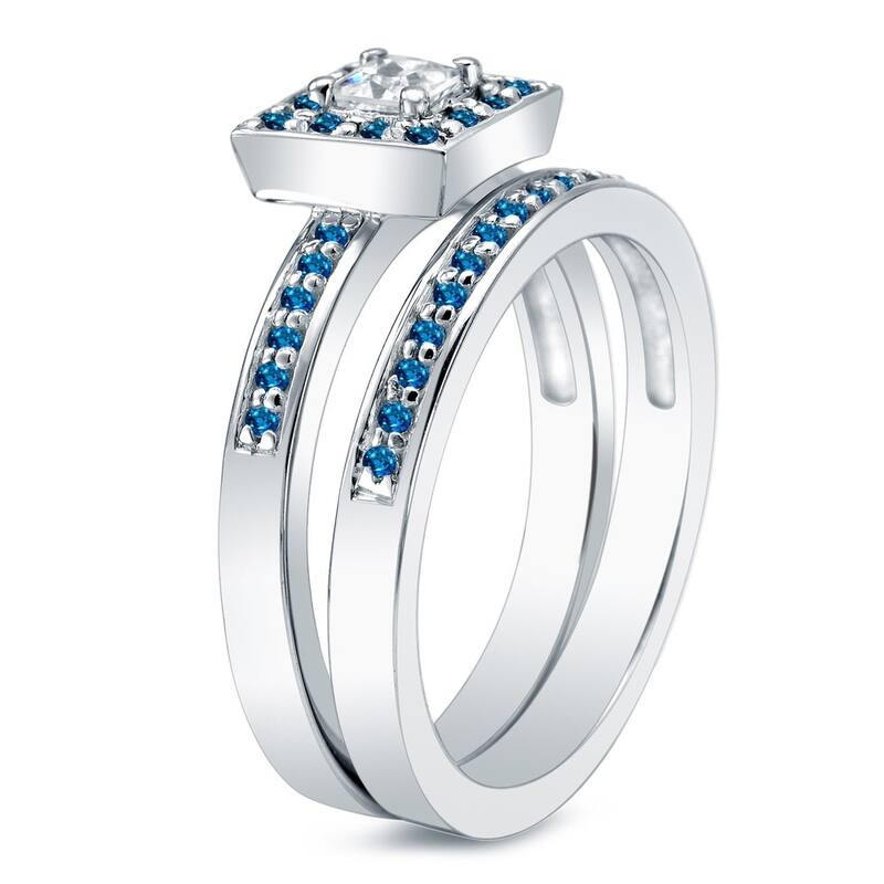 Auriya 14k Gold 2/3ctw Princess Cut Halo Diamond Engagement Ring Set