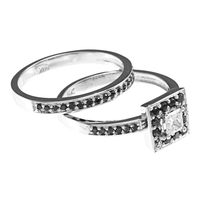 Auriya 14k Gold 2/3ctw Princess Cut Halo Black Diamond Engagement Ring Set