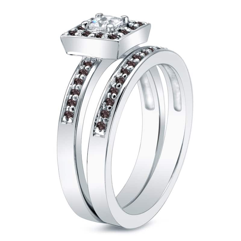 Auriya 14k Gold 2/3ctw Princess Cut Halo Black Diamond Engagement Ring Set