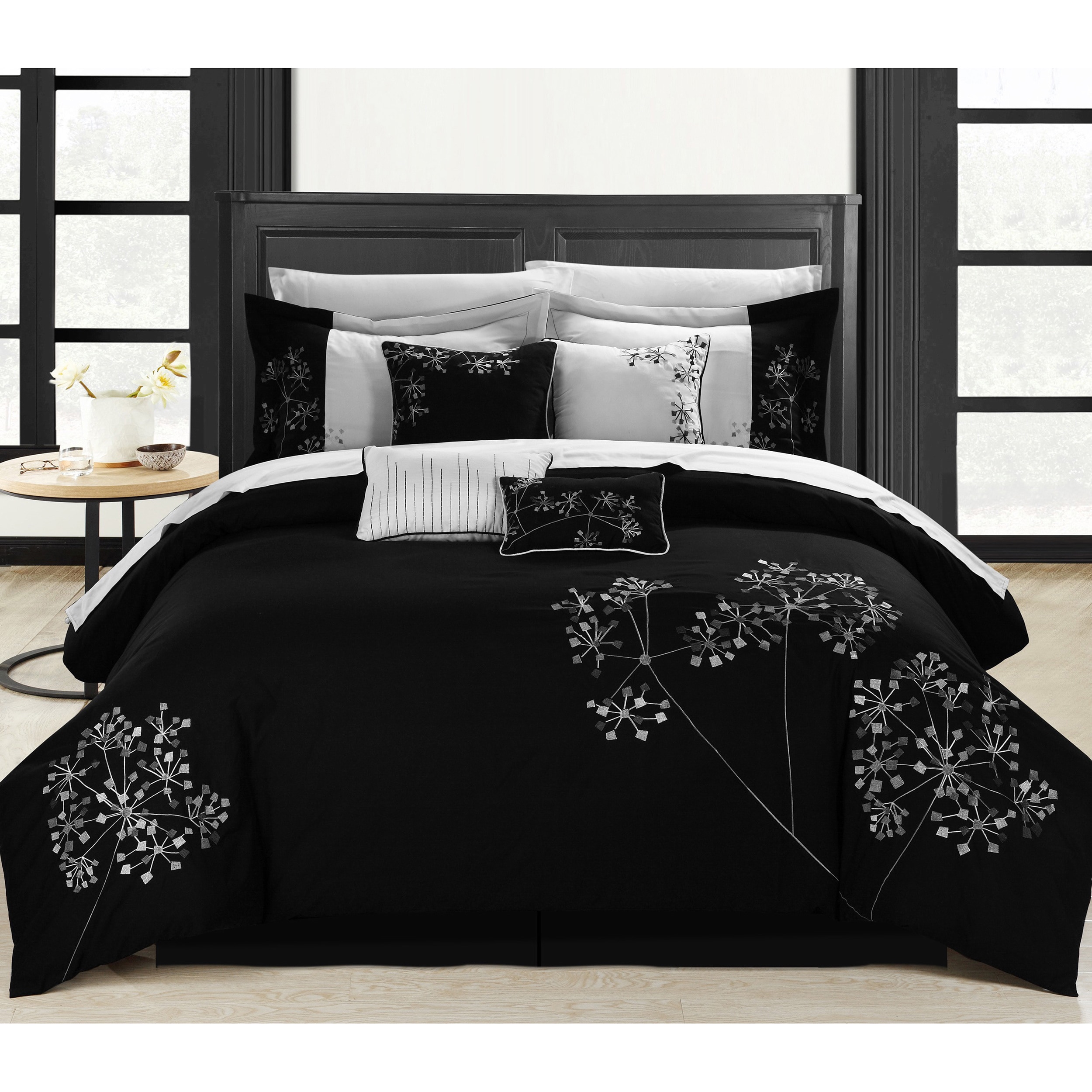 Black Floral 8 Piece Embroidered Comforter Set