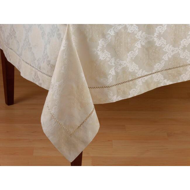 Ivory Drawnwork Damask Dining Room Tablecloth