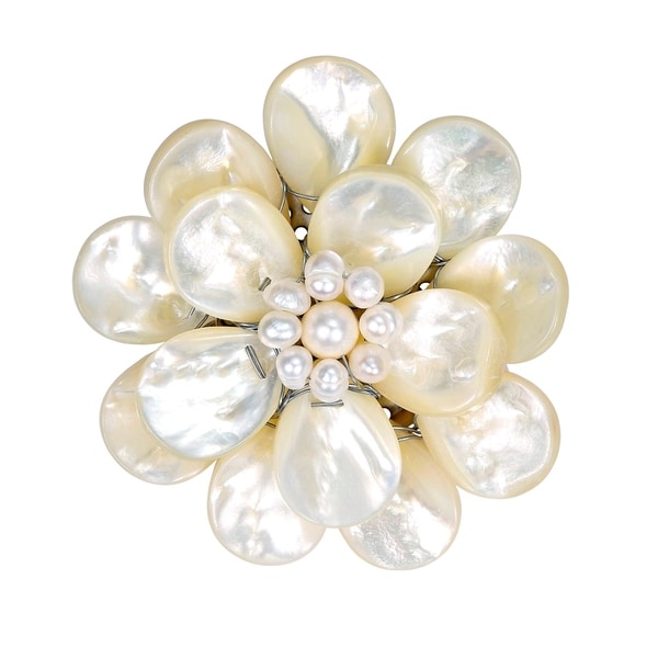 Handmade White Pure Lotus Mother of Pearl Floral Pin or Brooch (Thailand)