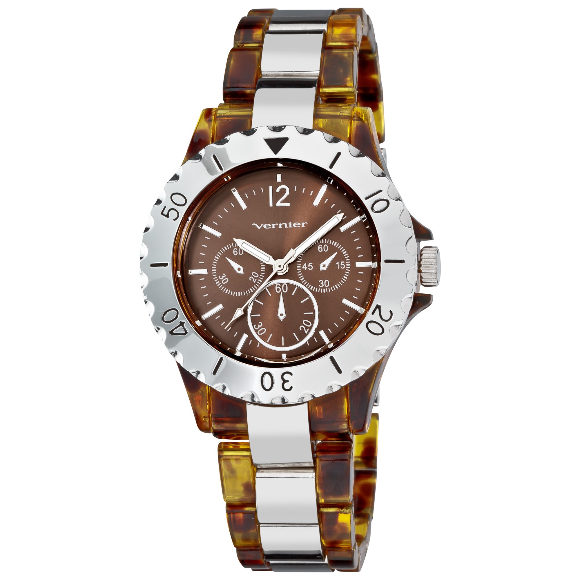 Vernier Women's Tortoise Resin/ Silver Faux Chrono Bracelet Watch