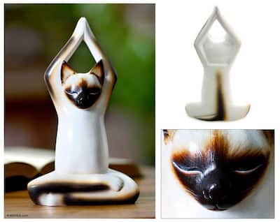 Handmade Wood 'Toward the Sky Yoga Cat' Sculpture (Indonesia)